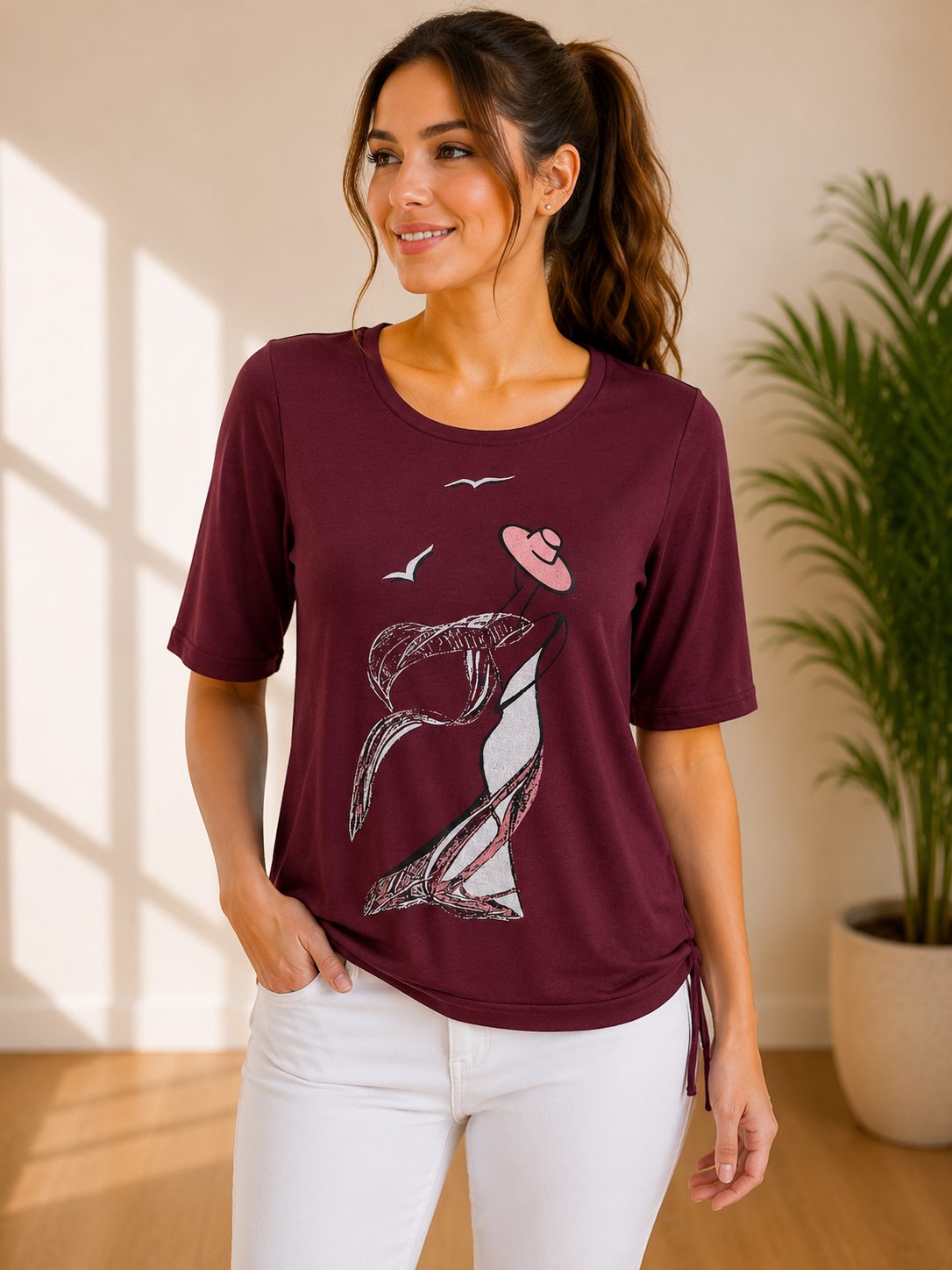 Elegantna bordo ženska majica s potiskom