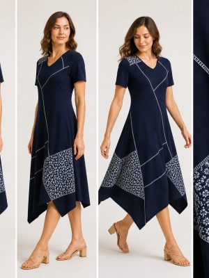 Temno modra asimetrična obleka z umetniškim patchwork vzorcem – sprednji pogled
