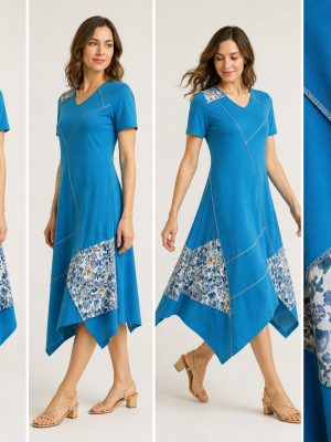 Turkizna asimetrična obleka s cvetličnim patchwork vzorcem – sprednji pogled