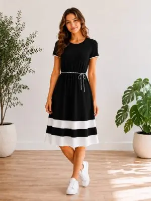 Elegantna črna midi obleka s kratkimi rokavi, belimi kontrastnimi črtami in dekorativnim pasom.