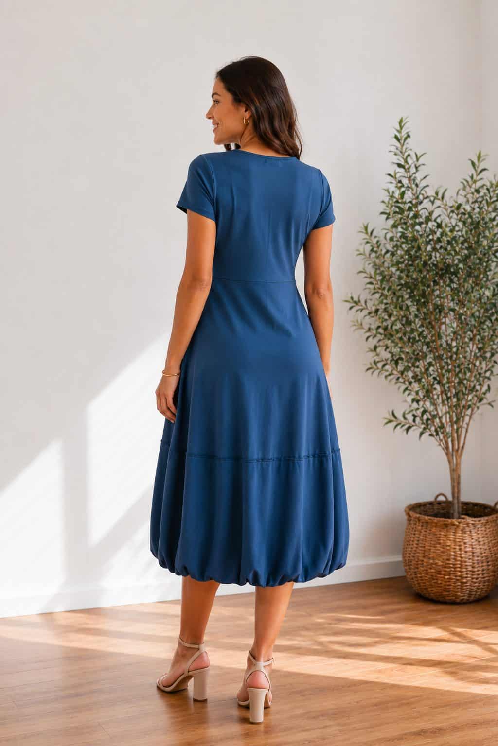 Dolga poletna obleka z balon krilom je lahkotna, udobna in elegantna.